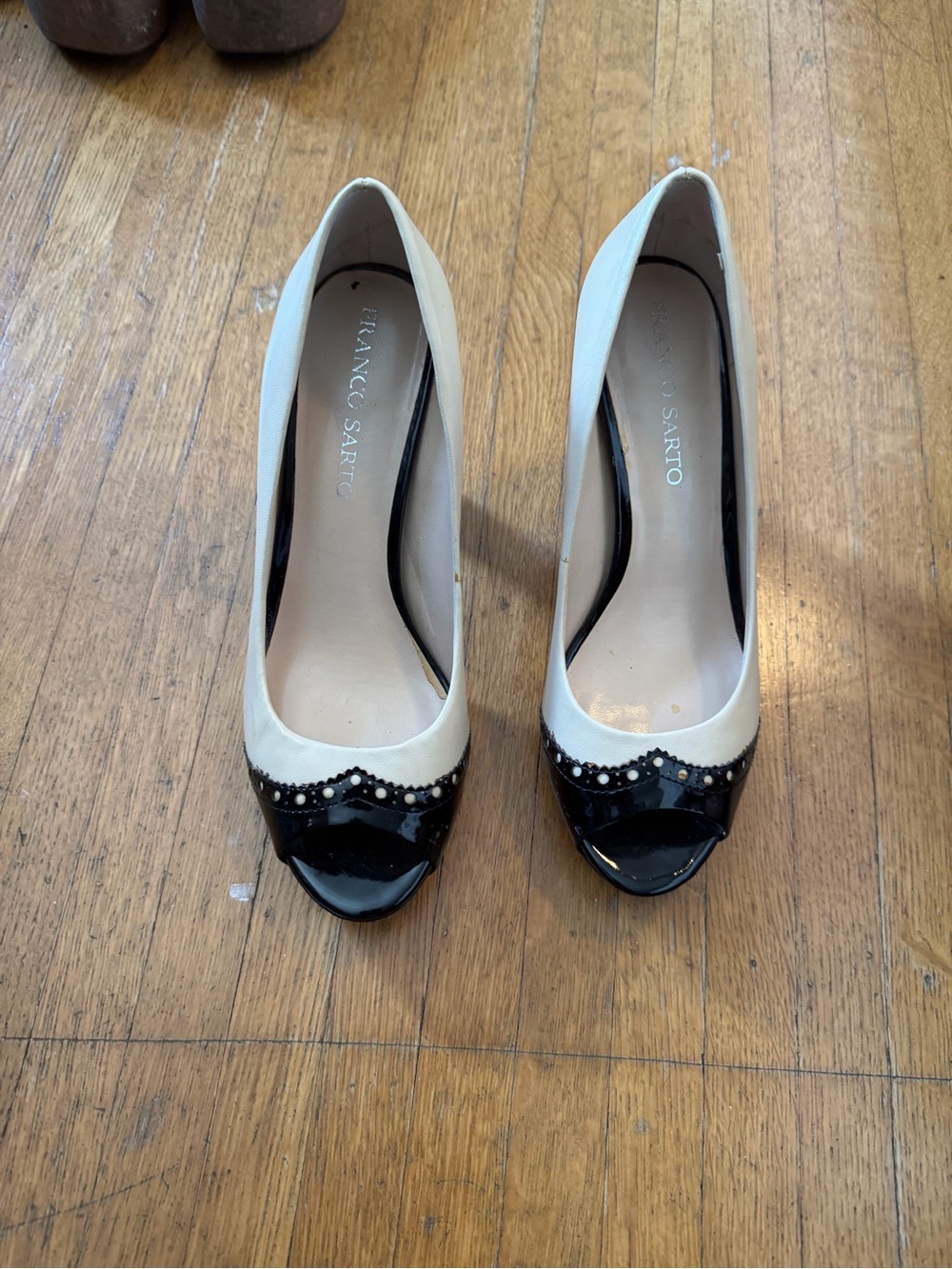 Franco Sarto Two-Tone Cream and Black Peep-Toe Heels